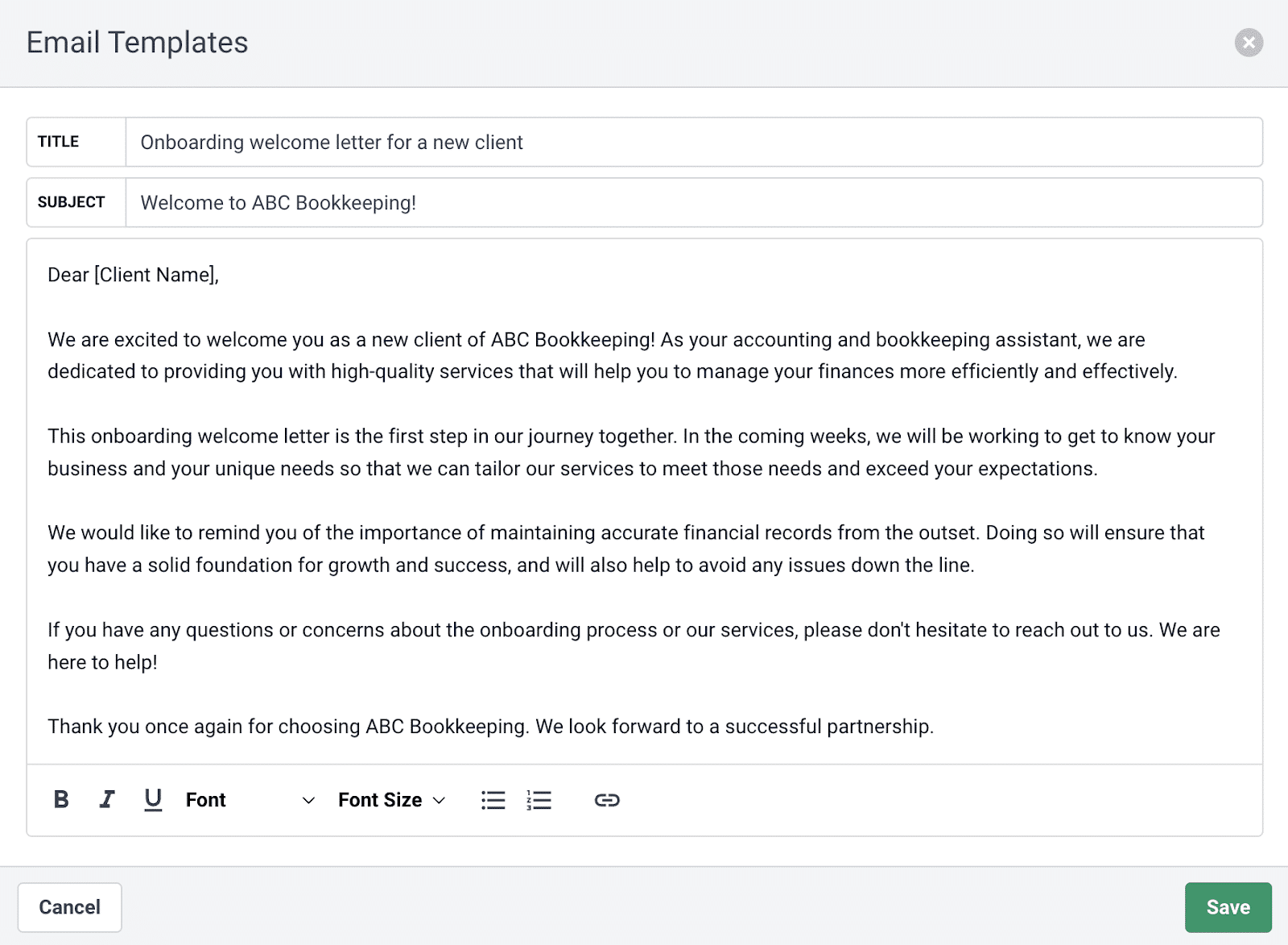 welcome email snapshot in Financial Cents
