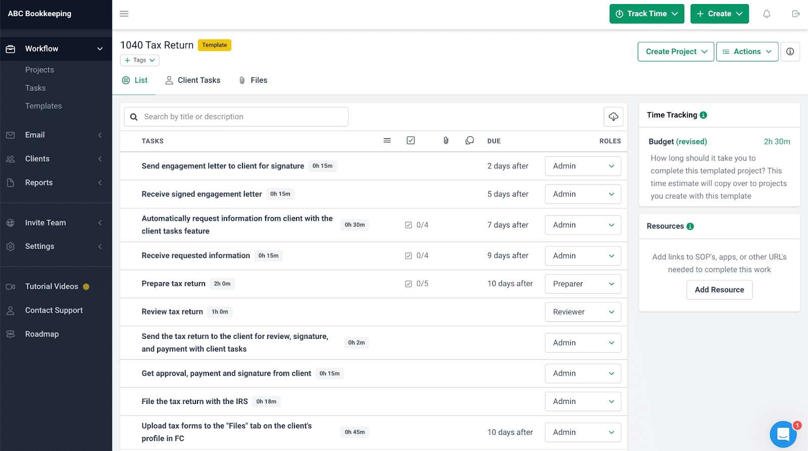 workflow project view in Financial Cents