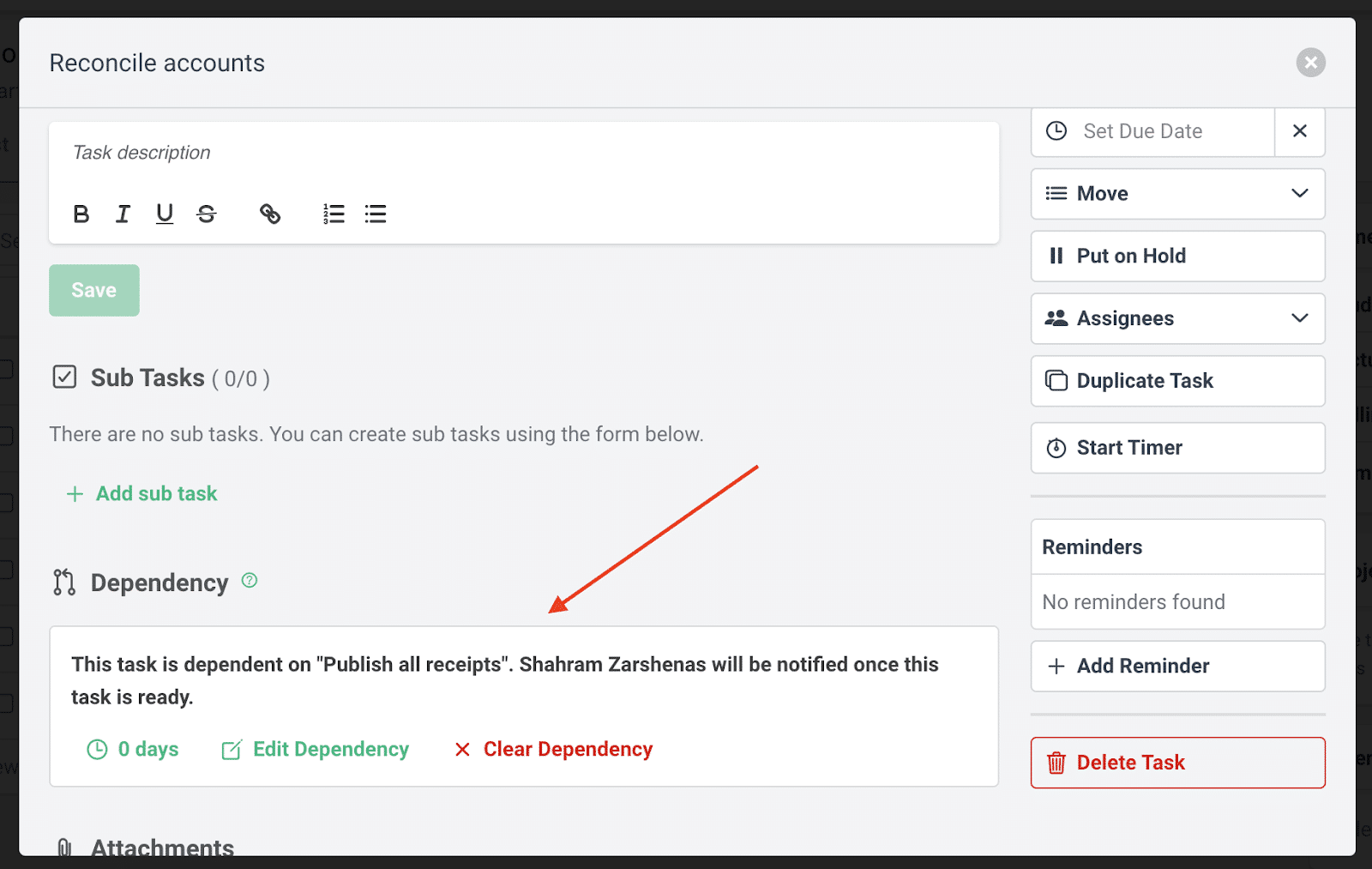 setting up dependency task in financial cents