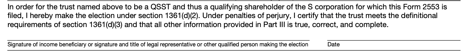 QSST wet signature for Part III form 2553