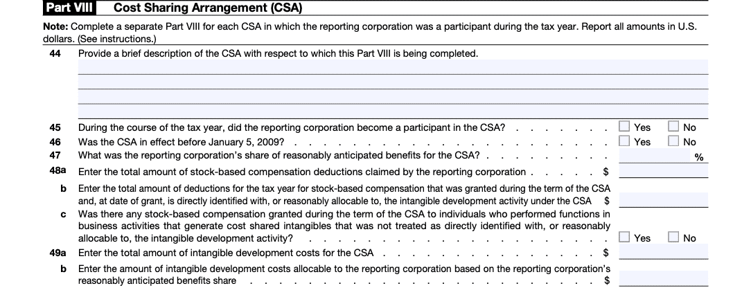 Part VIII Form 5472 Cost Sharing Agreement (CSA) instructions