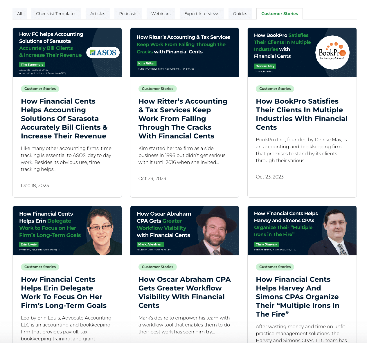 get bookkeeping clients: snapshot showing Financial Cents customer stories page