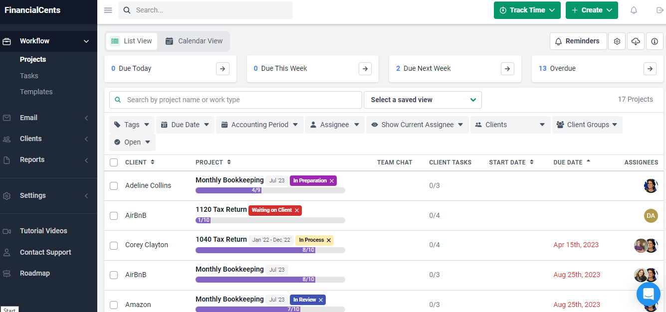 snapshot of Financial Cents workflow dashboard