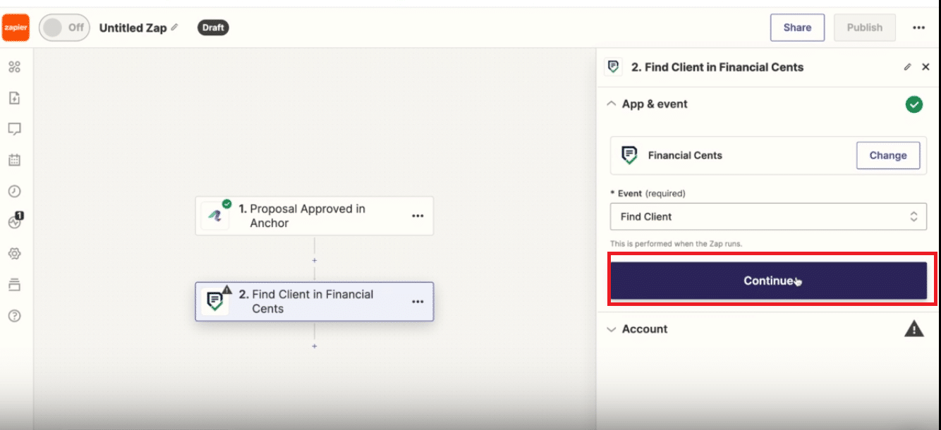 continue with zap set up for Financial Cents and anchor