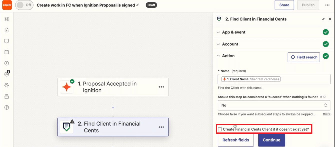 check the box create client ignition client in Financial Cents if it doesn't exist