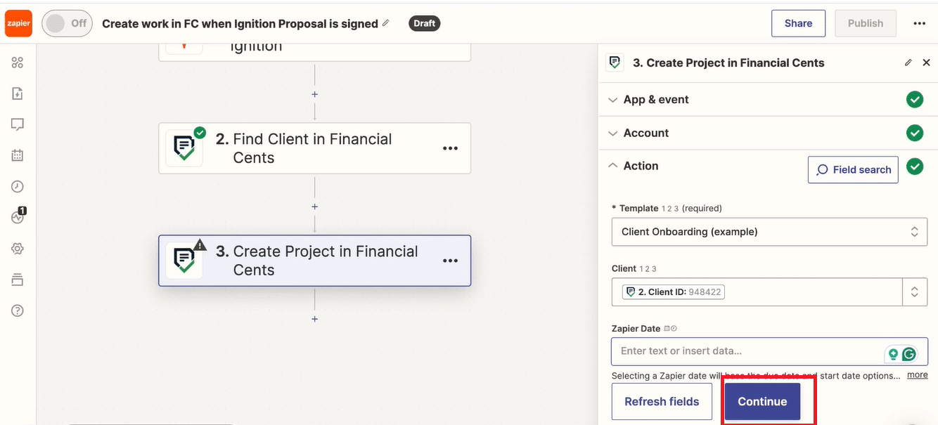 continue the zap after setting up template on Financial Cents