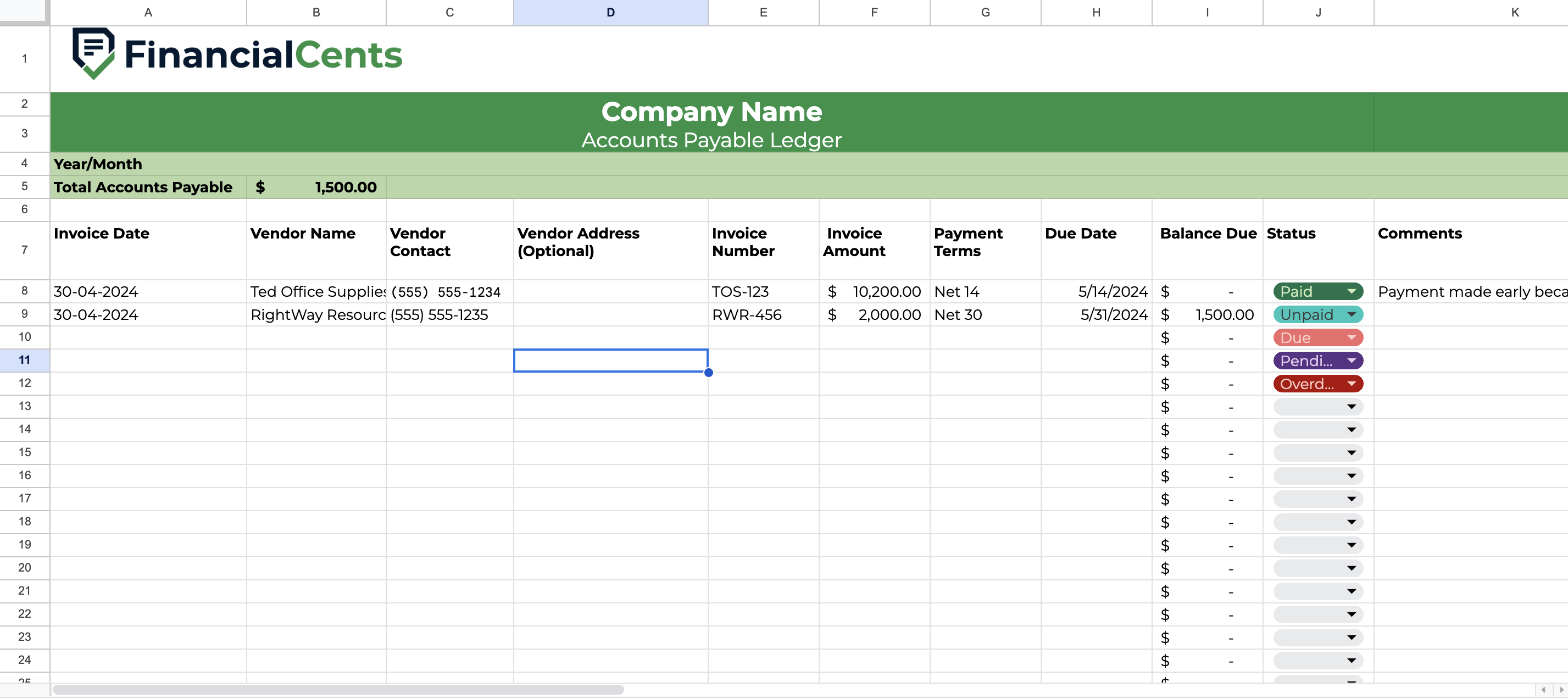 accounting spreadsheet - accounts payable template
