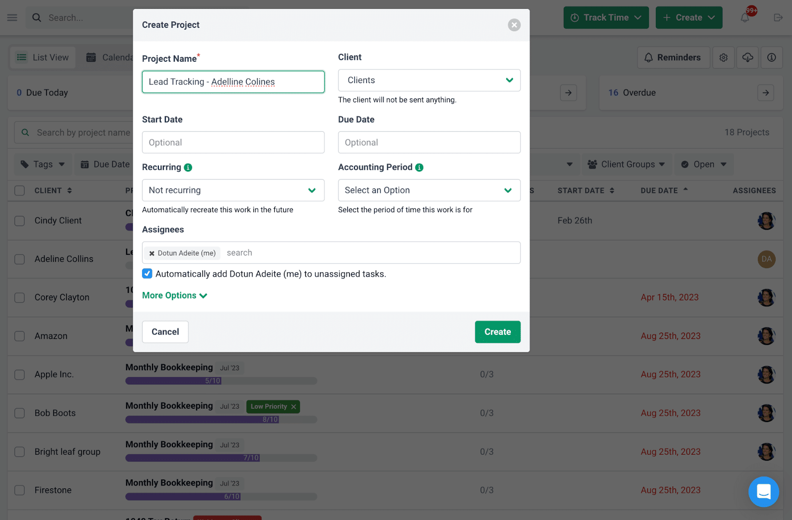 creating a lead tracking project using a template in Financial Cents