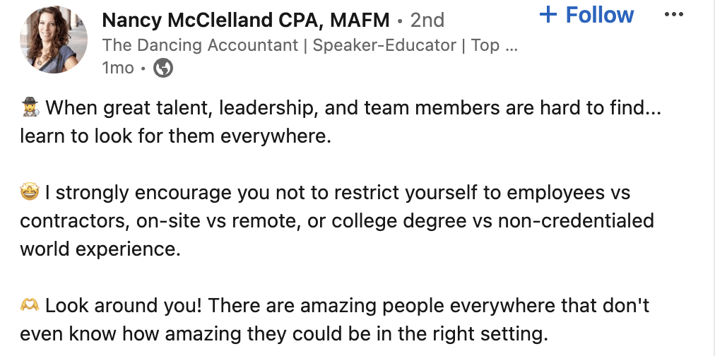 Nancy's LinkedIn post