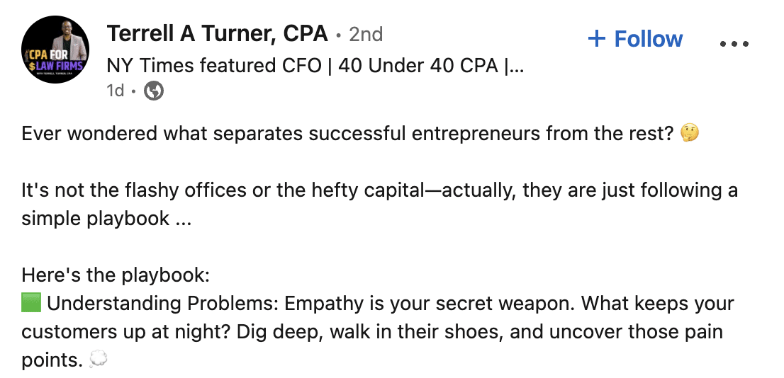 Terrell's linkedin post