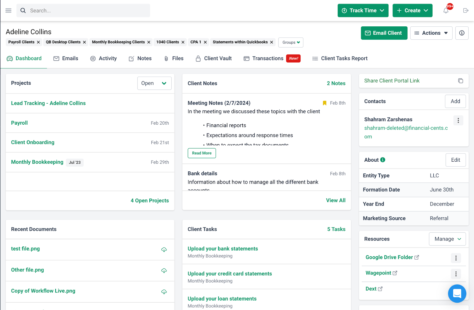 client profile in Financial Cents