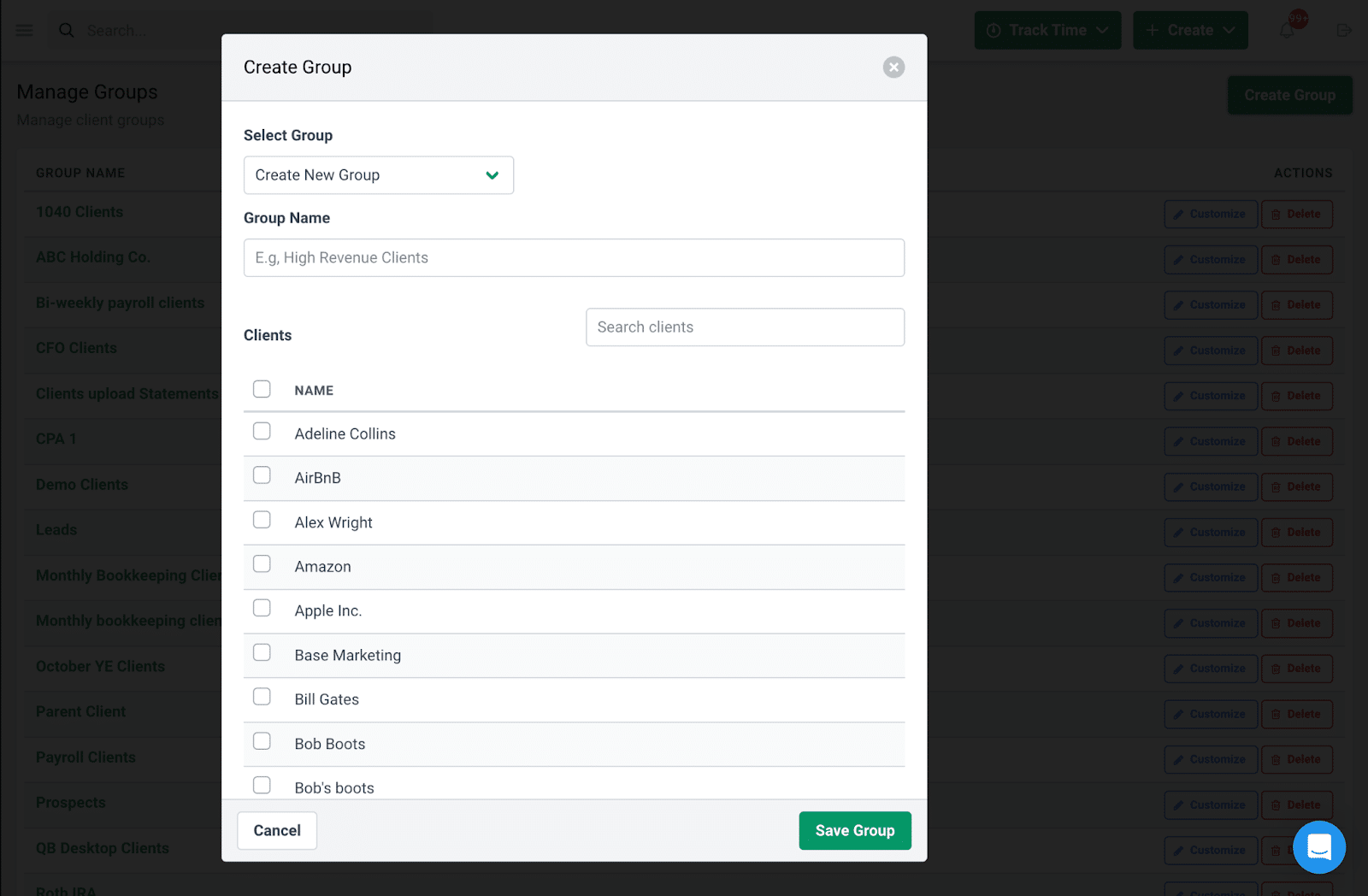 the next step for creating a leads client group in Financial Cents