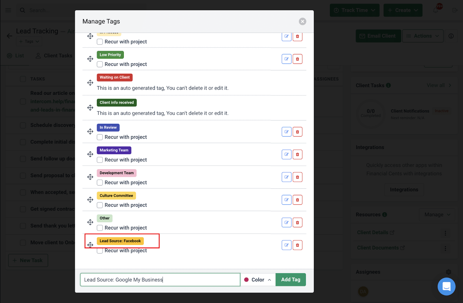 creating new tags in Financial Cents