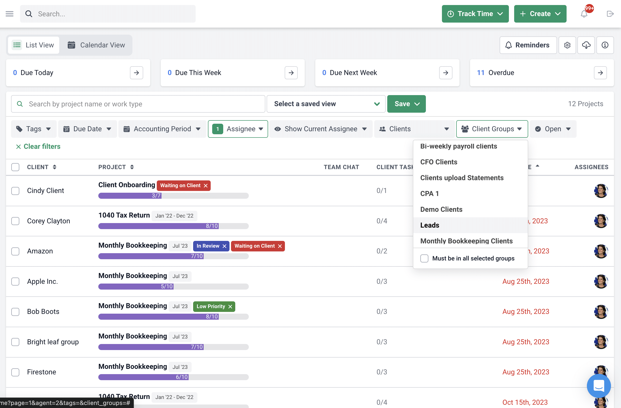 how to track leads on Financial Cents workflow dashboard using the client group filter
