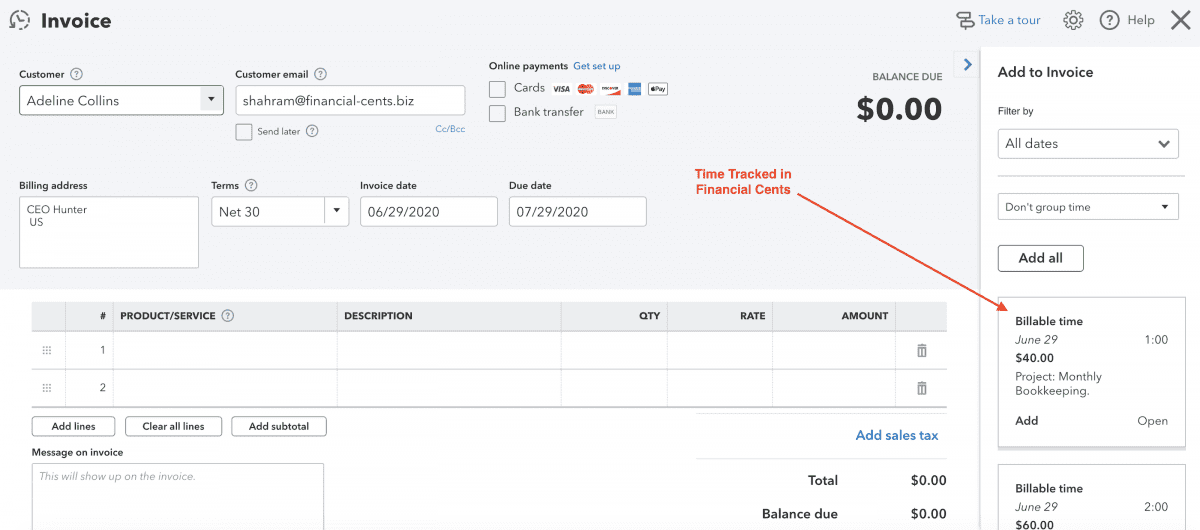time tracking and billing in Financial Cents