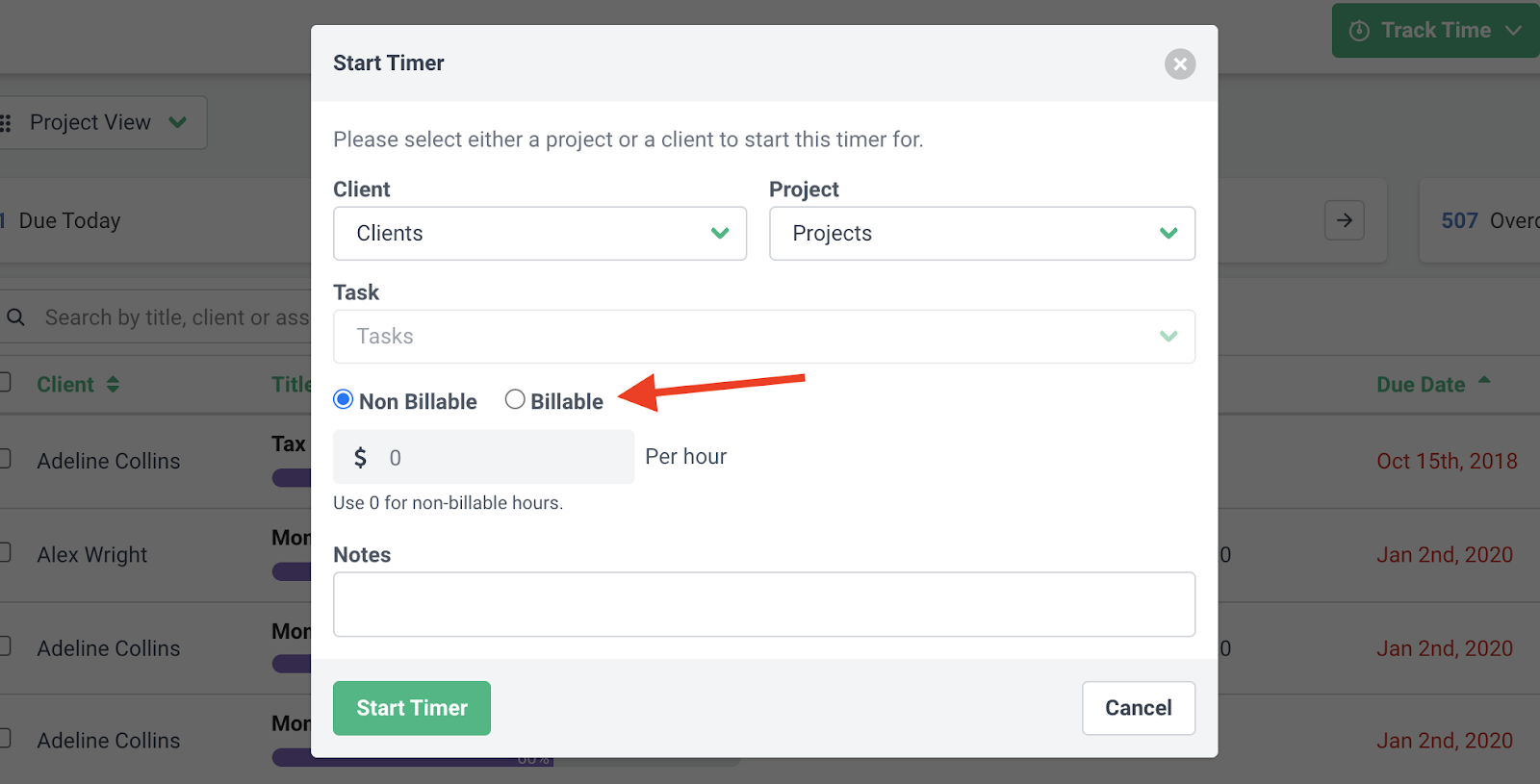 billable vs non-billable time tracking in Financial Cents