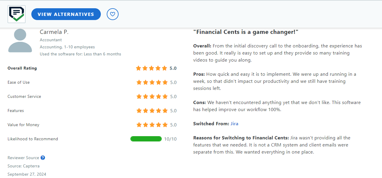 Carmela P's review of Financial Cents
