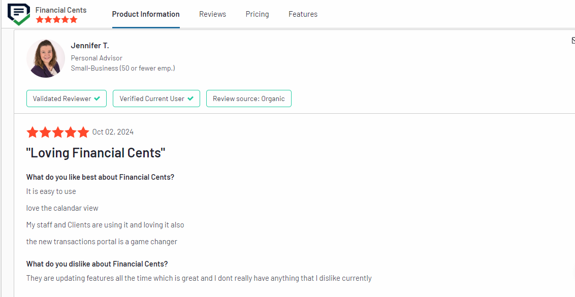 Jennifer T's review of Financial Cents