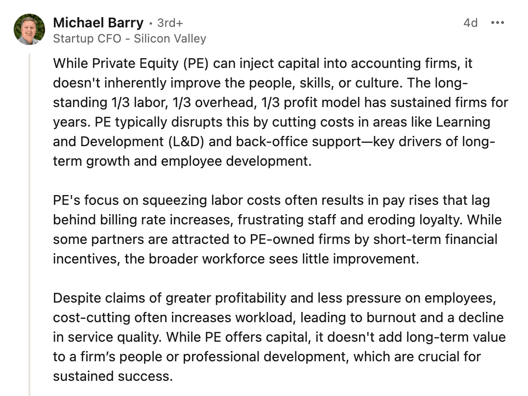 Michael Barry's thoughts on private equity in accounting firms