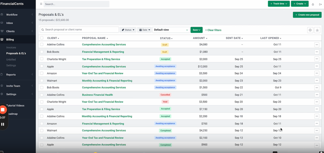 Proposals and engagement letters overview in Financial Cents