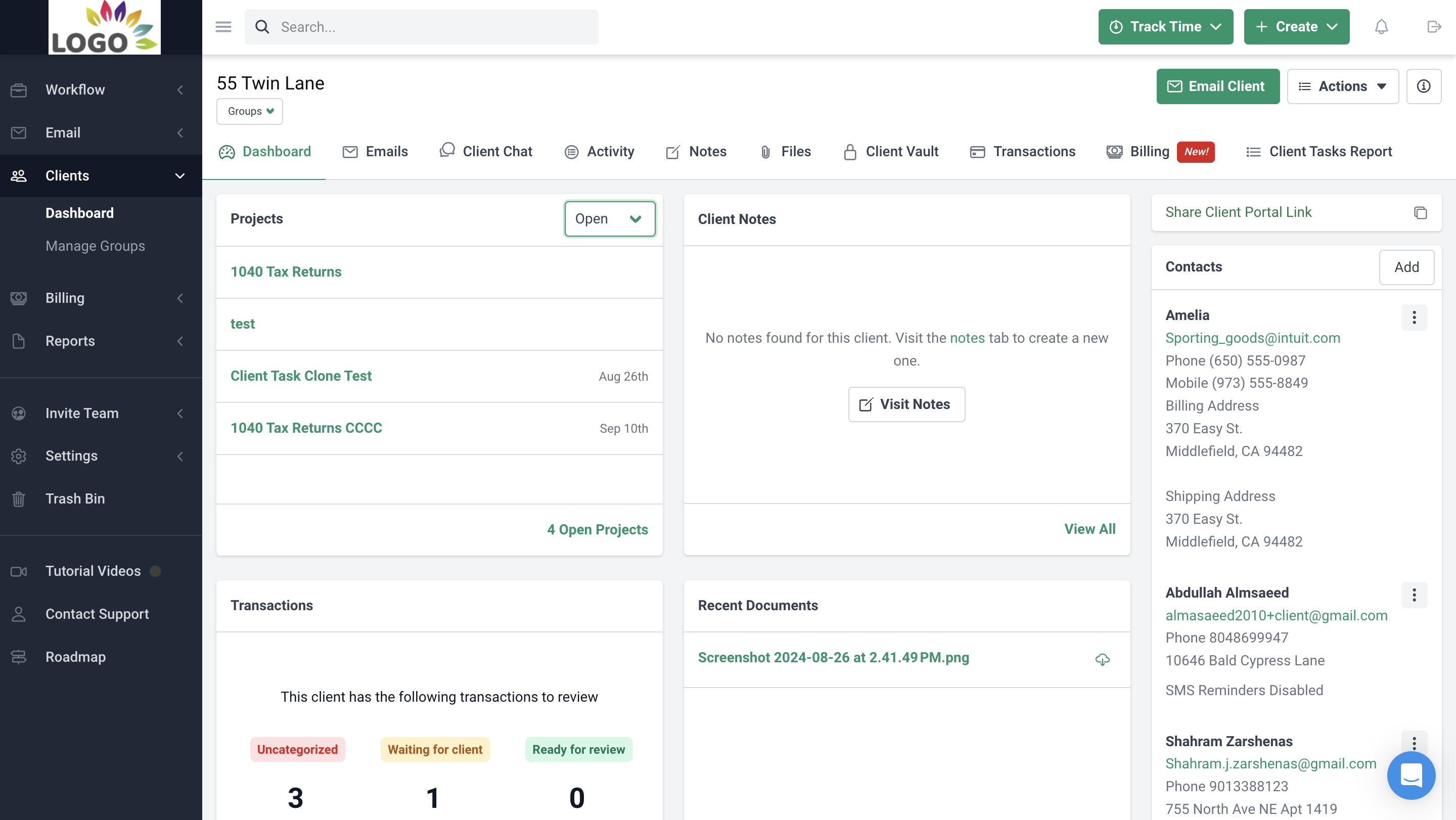 client profile dashboard in Financial Cents