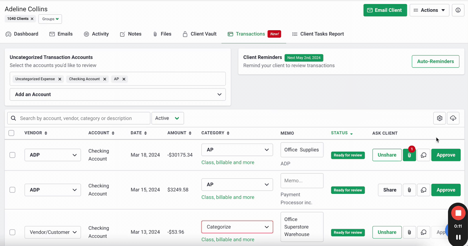 using rectas to manage uncategorized transactions