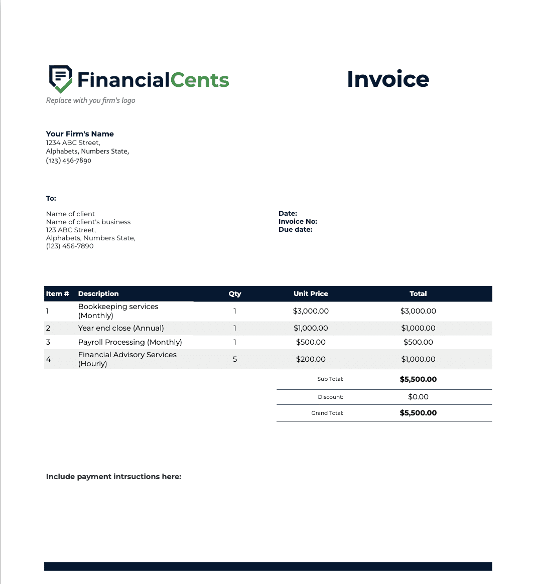 bookkeeping invoice template sample