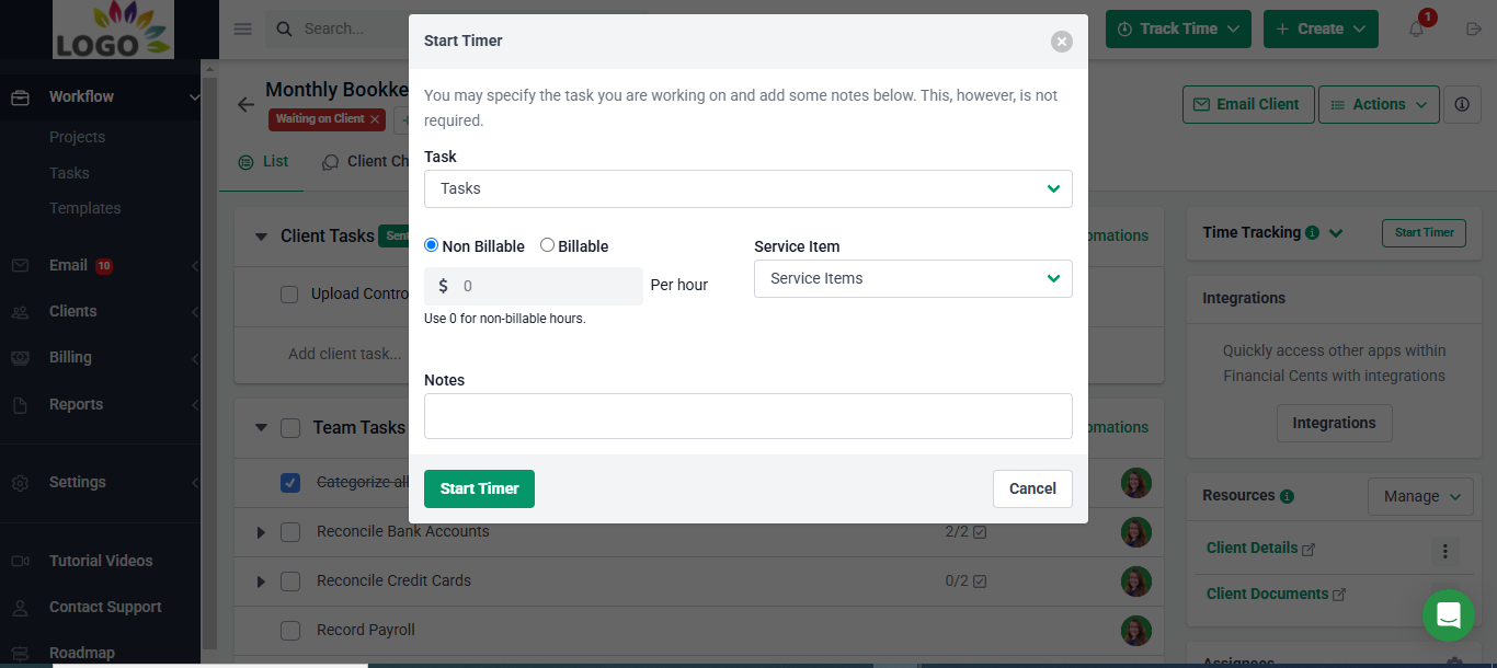 setting up time tracking in Financial Cents
