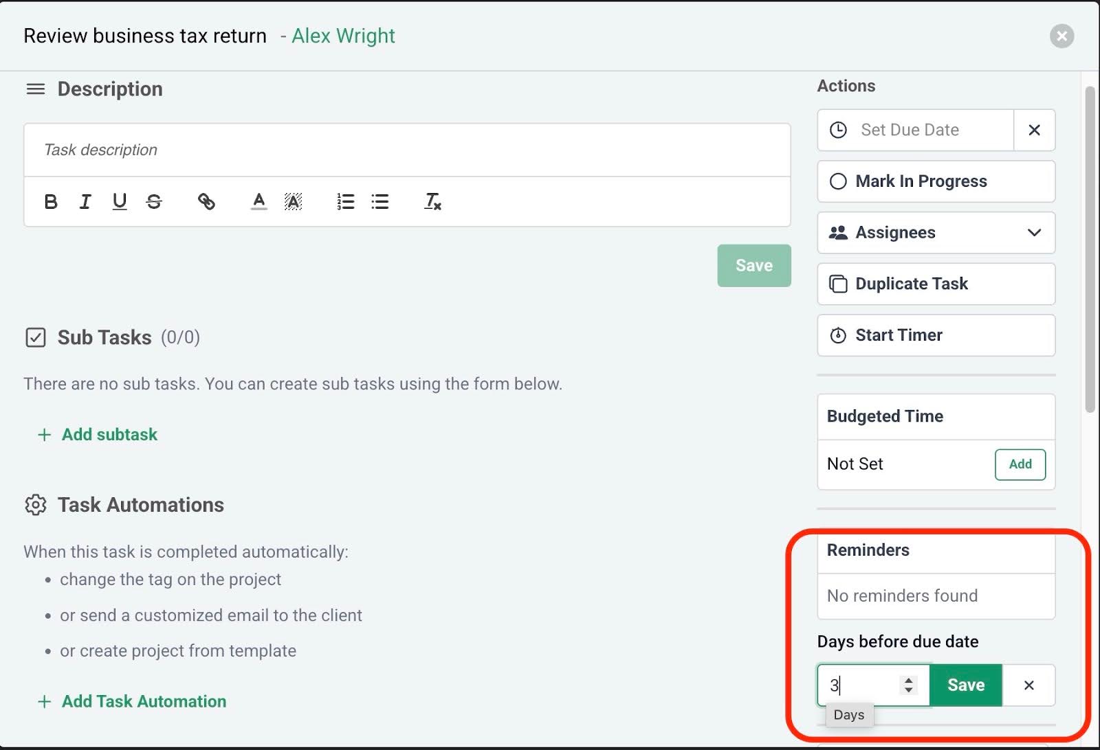 setting up automated reminders for team members in Financial Cents