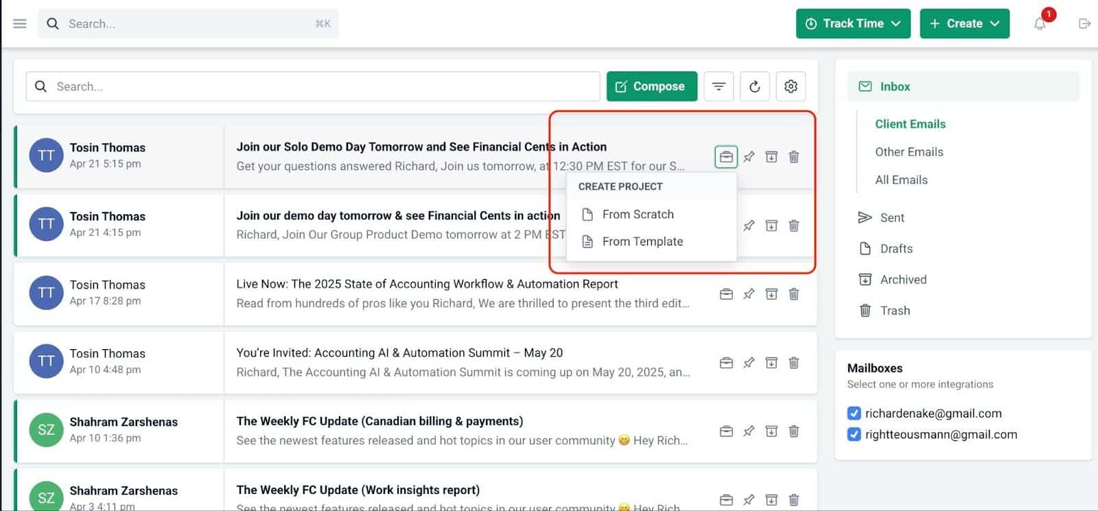 converting client emails to projects