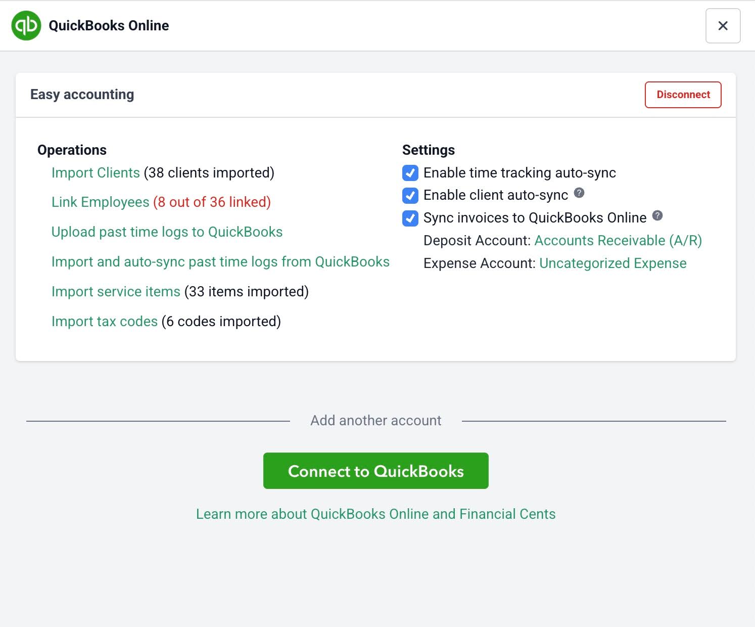setting client import from QuickBooks Online to Financial Cents