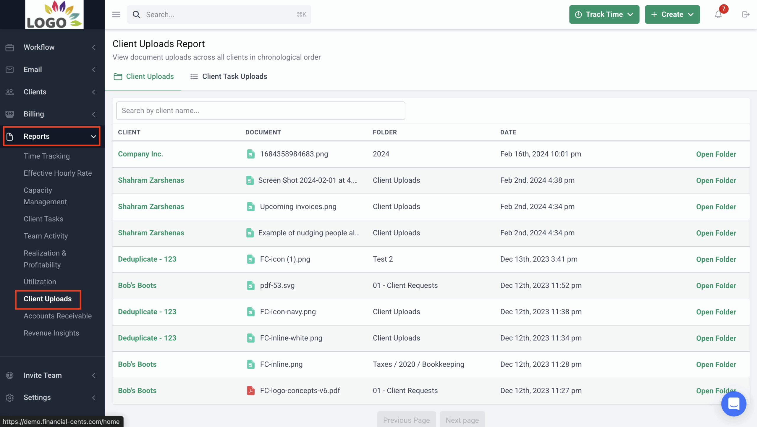 how to access the client uploads report