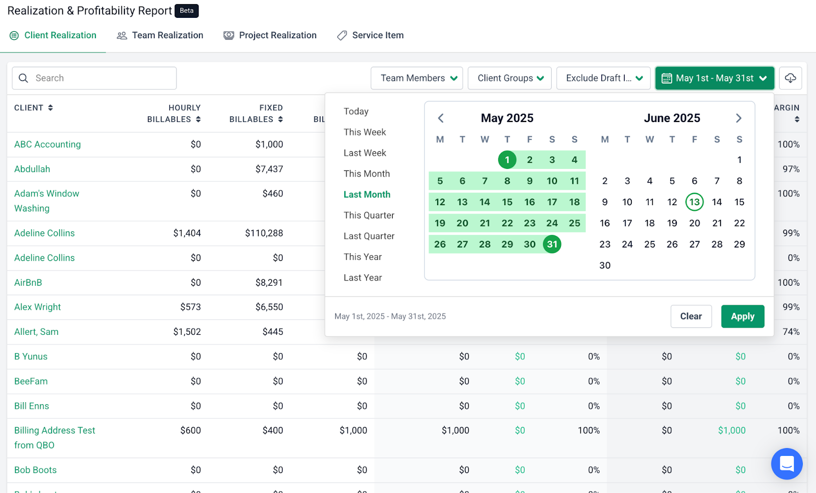 screenshot of the filter options in the realization & profitability reports