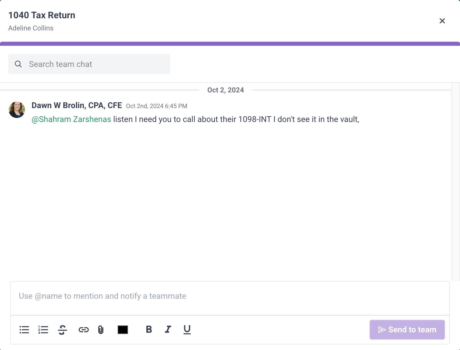 team chat feature for collaboration in Financial Cents