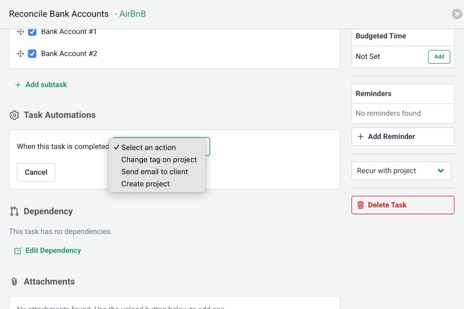 setting up workflow automation for tasks in Financial Cents
