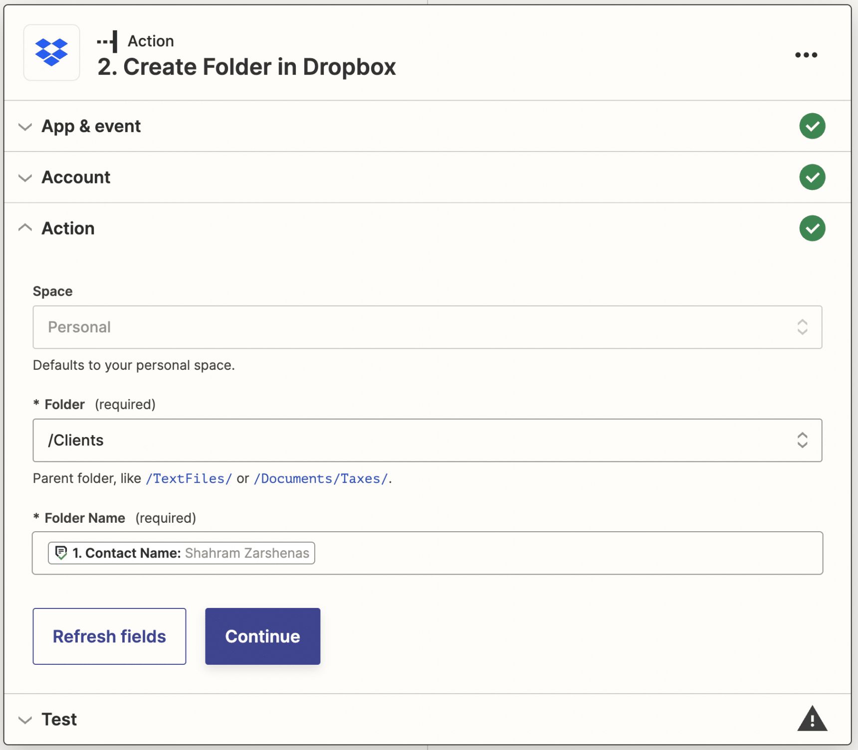zap integration successful with dropbox