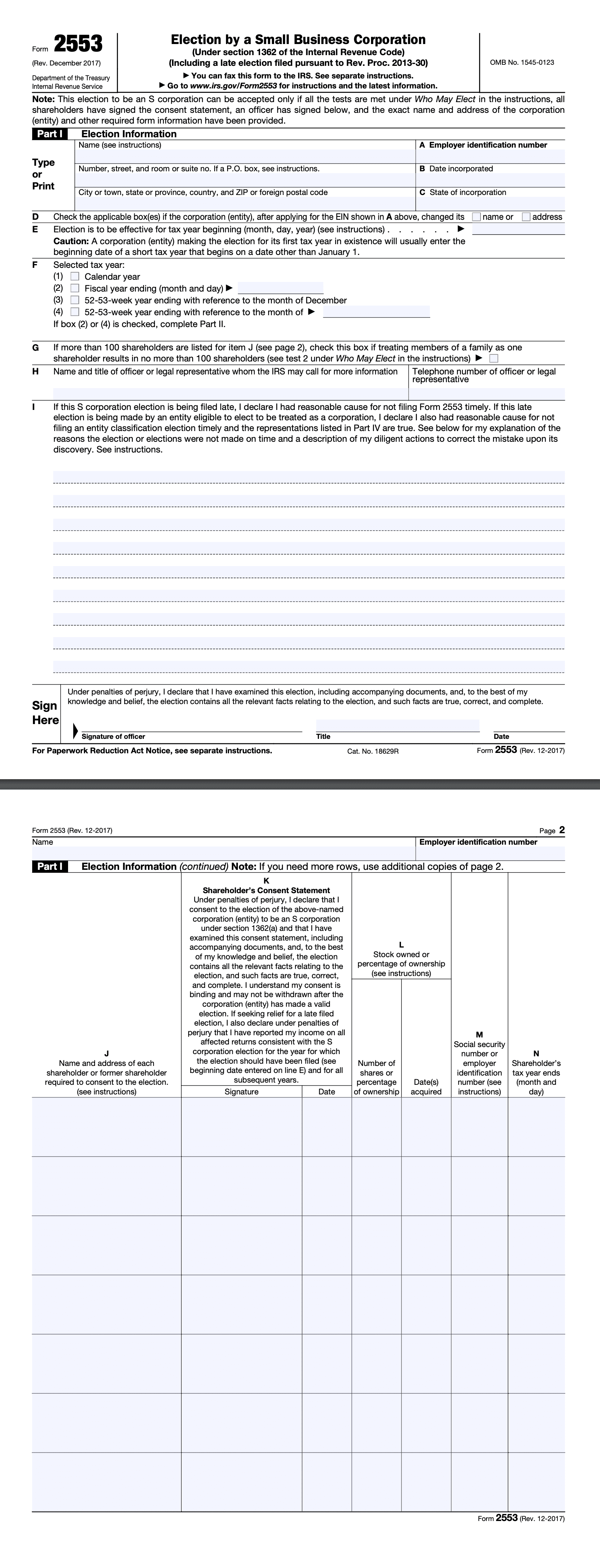 Screenshot of part I of IRS Form 2553