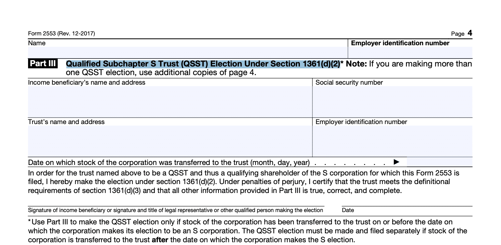 screenshot of part III of form 2553
