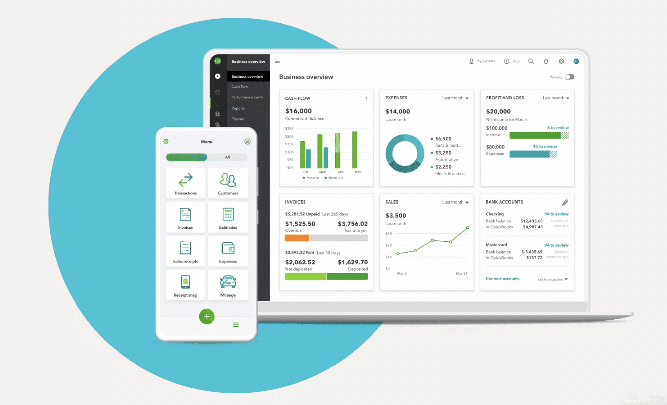 A screenshot of QuickBooks dashboard on desktop and mobile for general ledger accounting