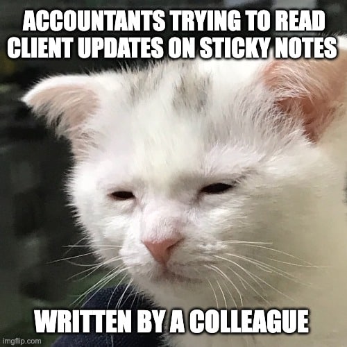 accountant meme - trying to read a sticky note