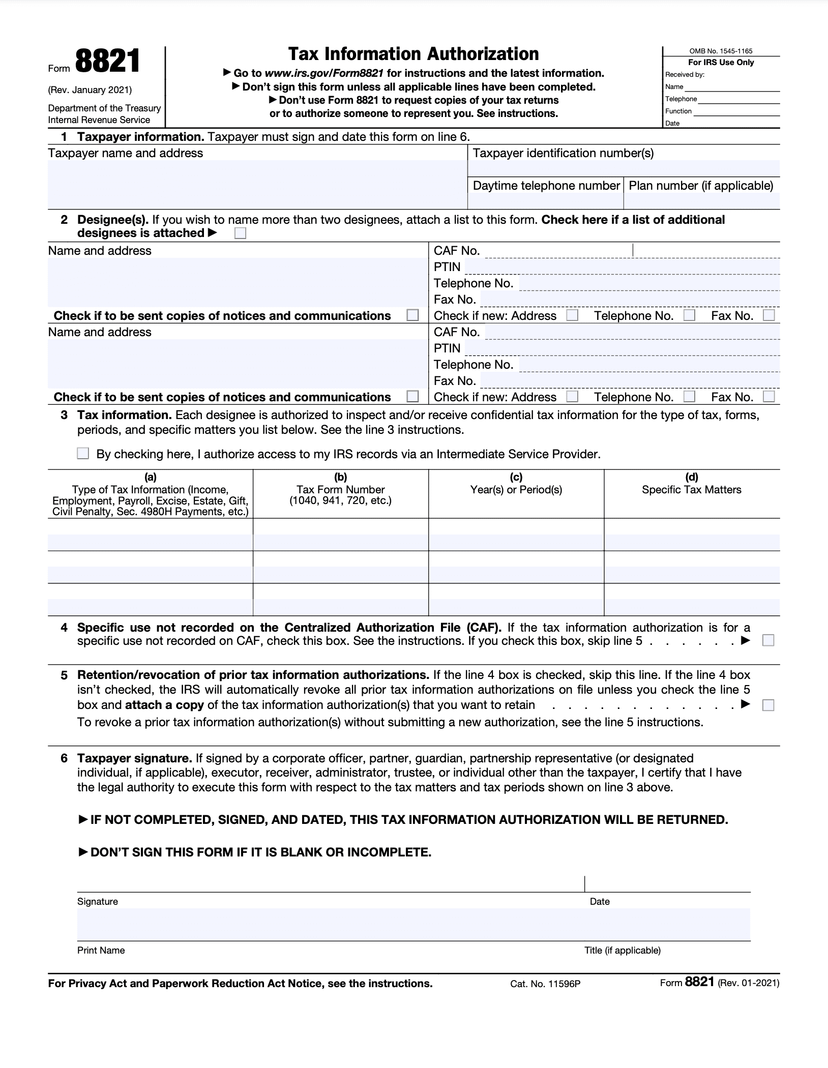 screenshot of IRS form 8821