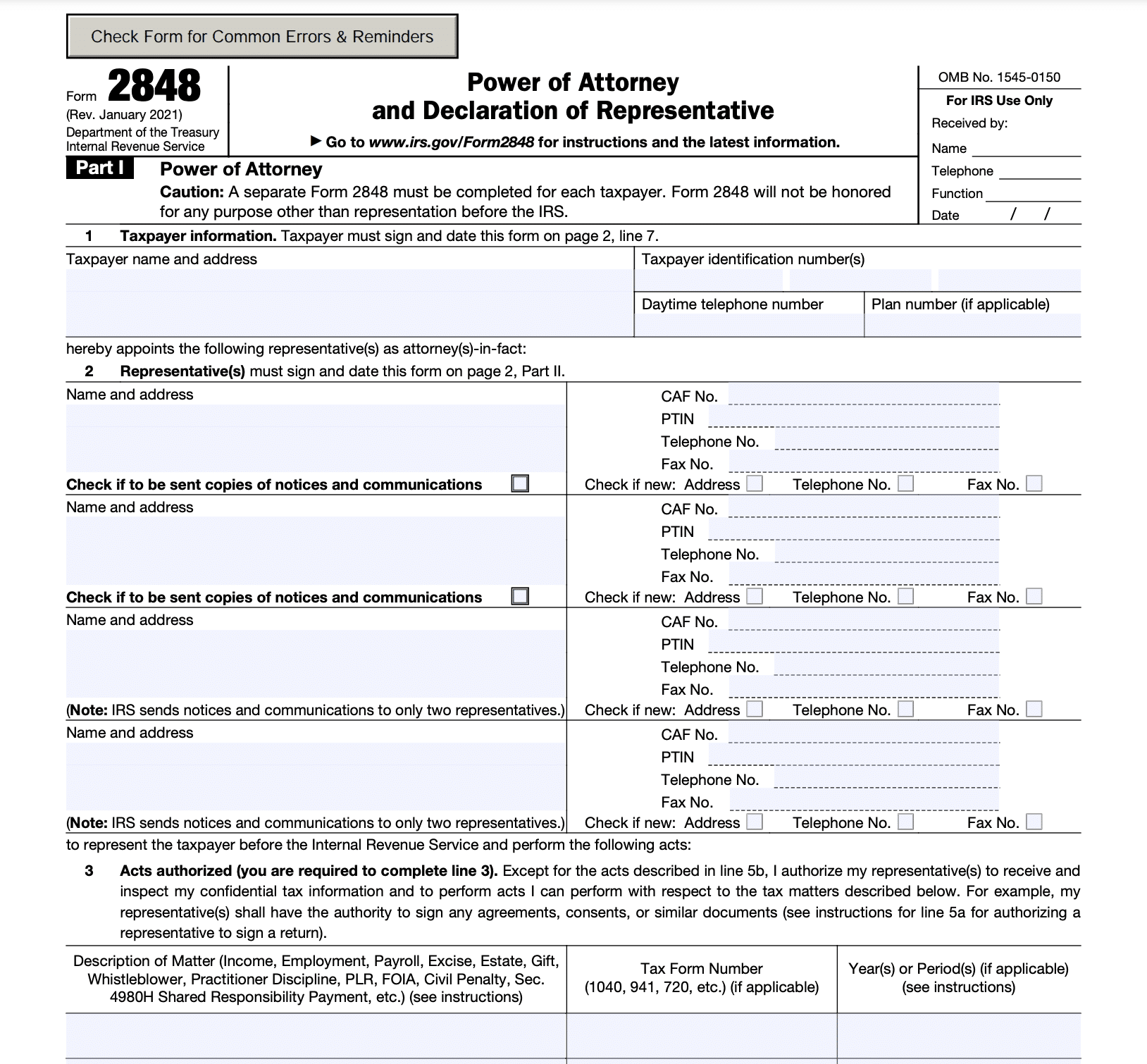 snapshot of what IRS form 2848 power of attorney looks like