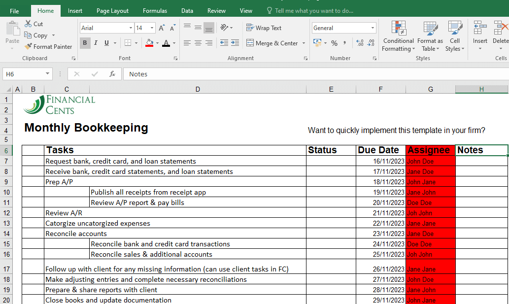 assignee tab on spreadsheet accounting workflow