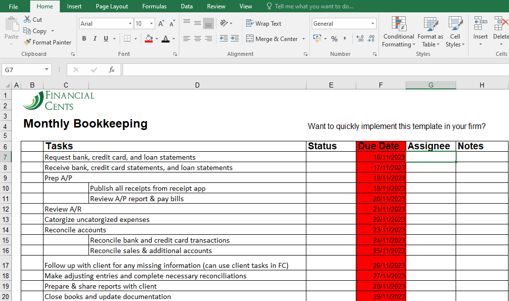 due date tab on a spreadsheets accounting workflow