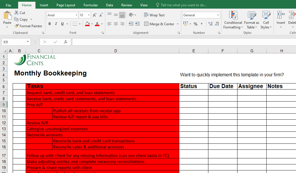 tasks tab on monthly bookkeeping spreadsheets