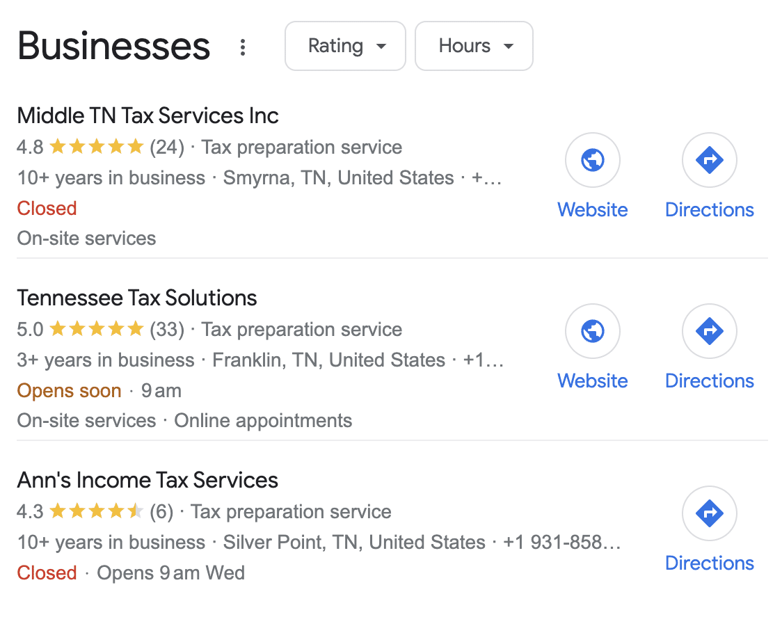 snapshot of accounting businesses with reviews on Google maps search