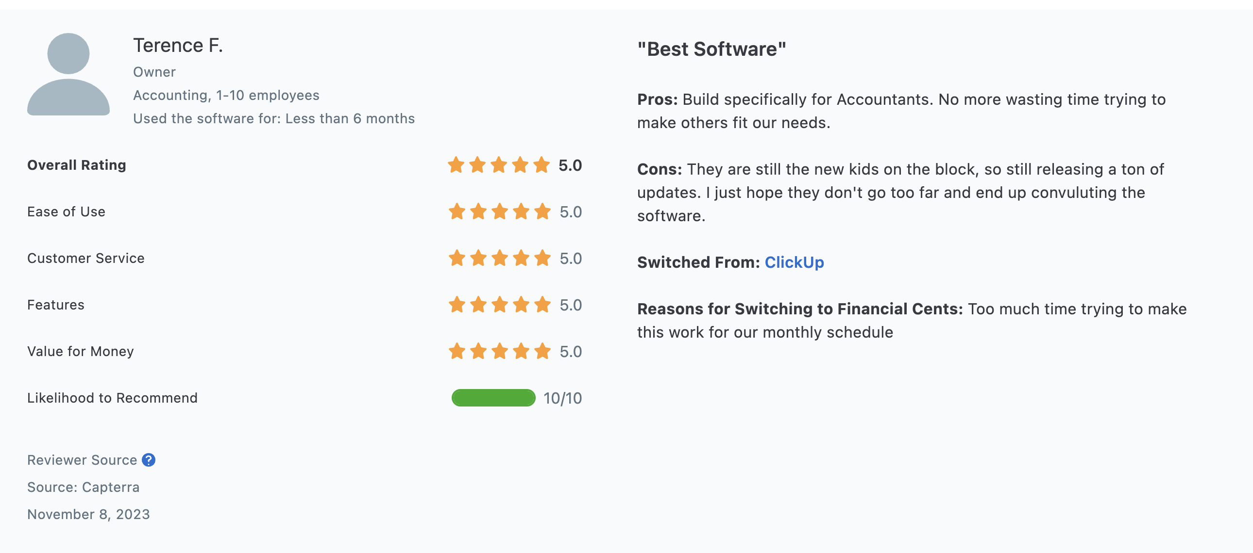 review from client who switched from a generic workflow software to Financial Cents