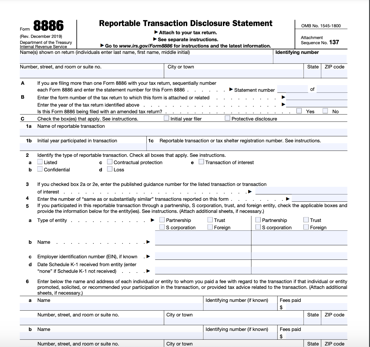 snapshot of IRS form 8886 page 1