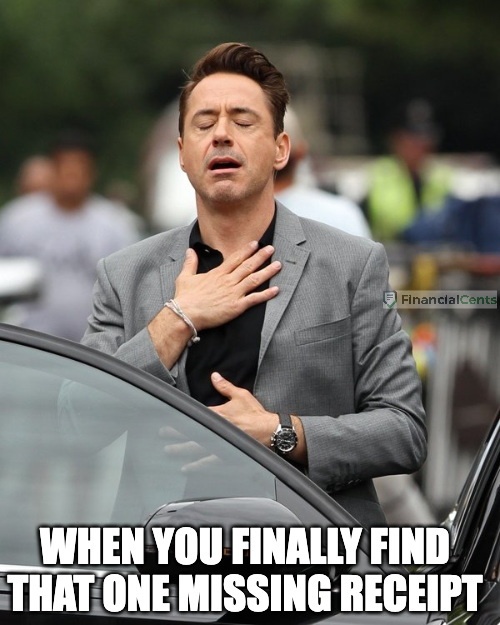 Robbert Downey Jr meme - the relieve of finding missing receipt