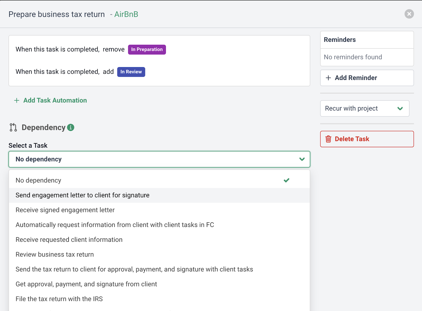 automate tax workflow dependency